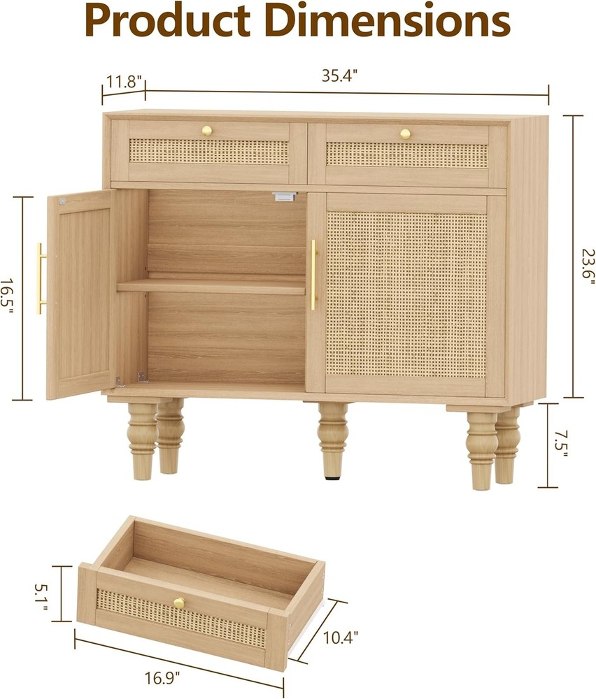 35.4" Rattan Buffet Sideboard Cabinet W/ Storage Boho Buffet Table W/ Adjustable