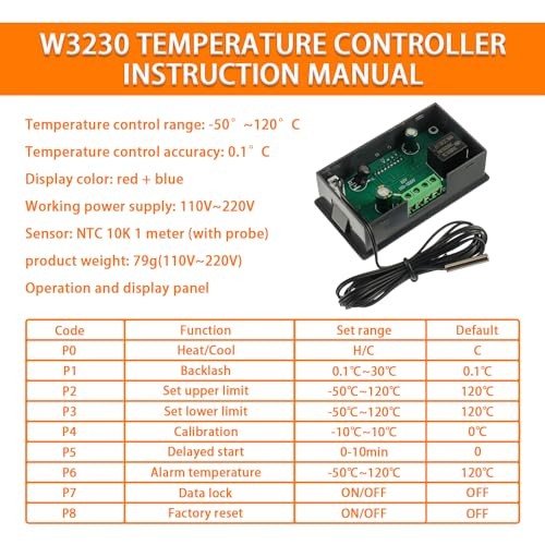 W3230 Digital Temperature Controller with NTC Temperature Probe Waterproof,LED