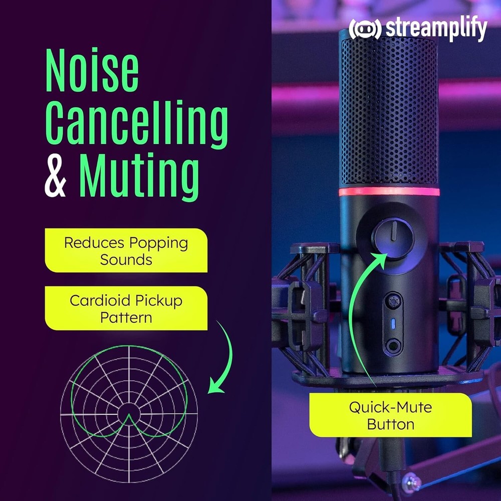 streamplify MIC RGB Microphone with Mic Arm, Quick-Mute Button, and Pop Filter