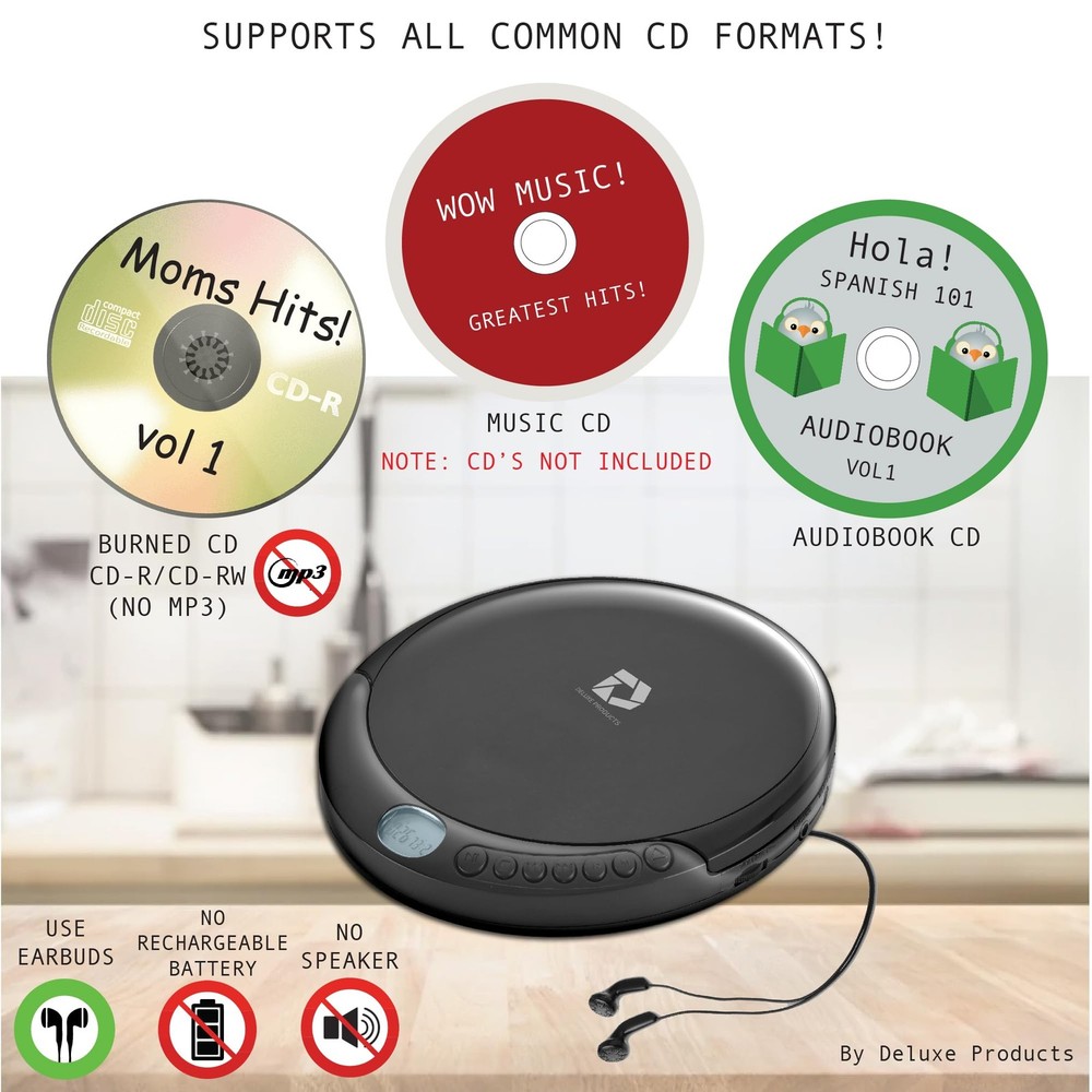 CD Player Portable w/ 60 Second Anti Skip, Stereo Earbuds,Includes Aux in Cable