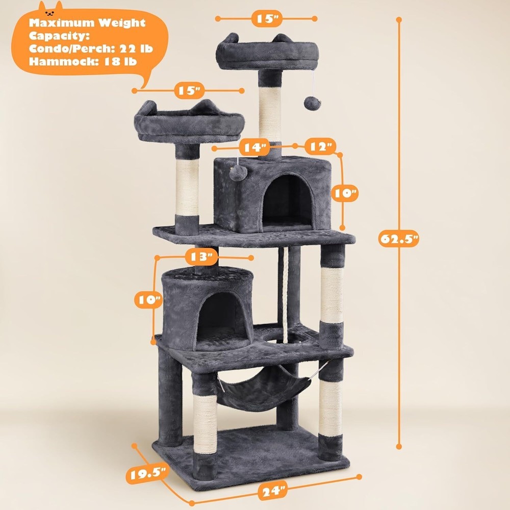 62.2" Cat Tree Tower Activity Condo with Platform & Hammock Scratching Posts US