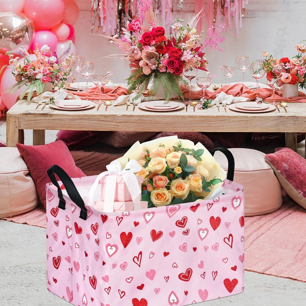 KUNRO Rectang Heart Pattern Valentine's Storage Basket Gift Shelf Basket Stor...