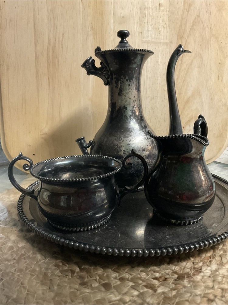 Barbour Silver Co. Nickel Silver Bead Trim 4 Piece Tea Set