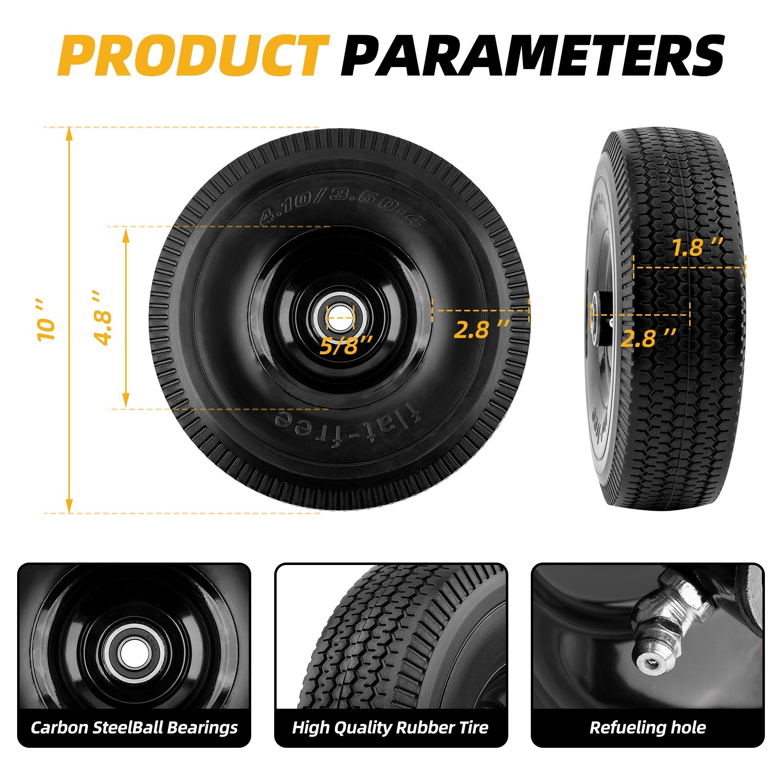 4PCS Upgrade 4.10/3.50-4 Flat Free Solid Rubber Tire and Wheel, 10" Solid Tires