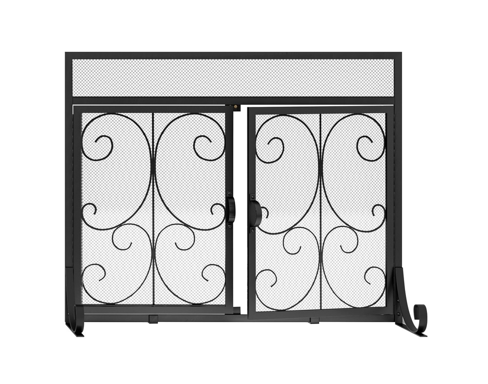 Flat Fireplace Screen with Doors,Solid Wrought Iron Frame with Metal Mesh, Fl...