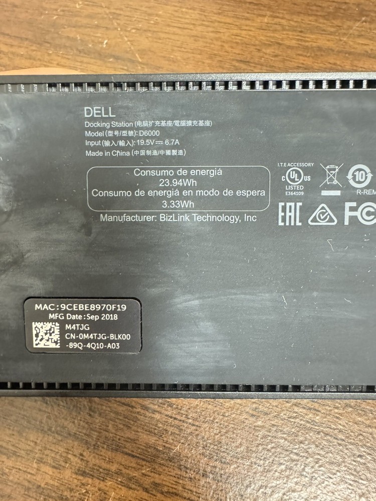 Dell Docking Station D6000 With Power Cord