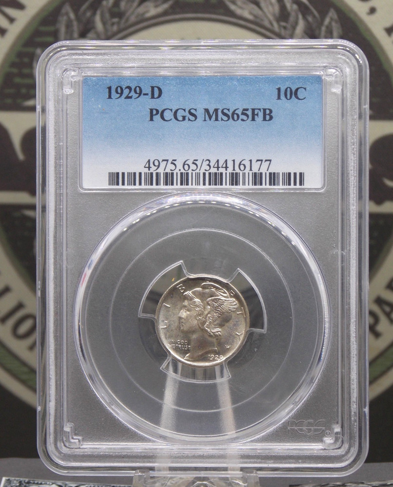 1929 "D" Mercury SILVER Dime 10c PCGS MS65 FB #177 *FULL BANDS* Gem BU ECC&C Inc