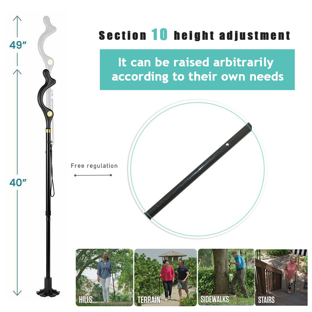 Folding Adjustable Walking Stick Cane 4 Head Pivoting Trusty Base Posture Cane