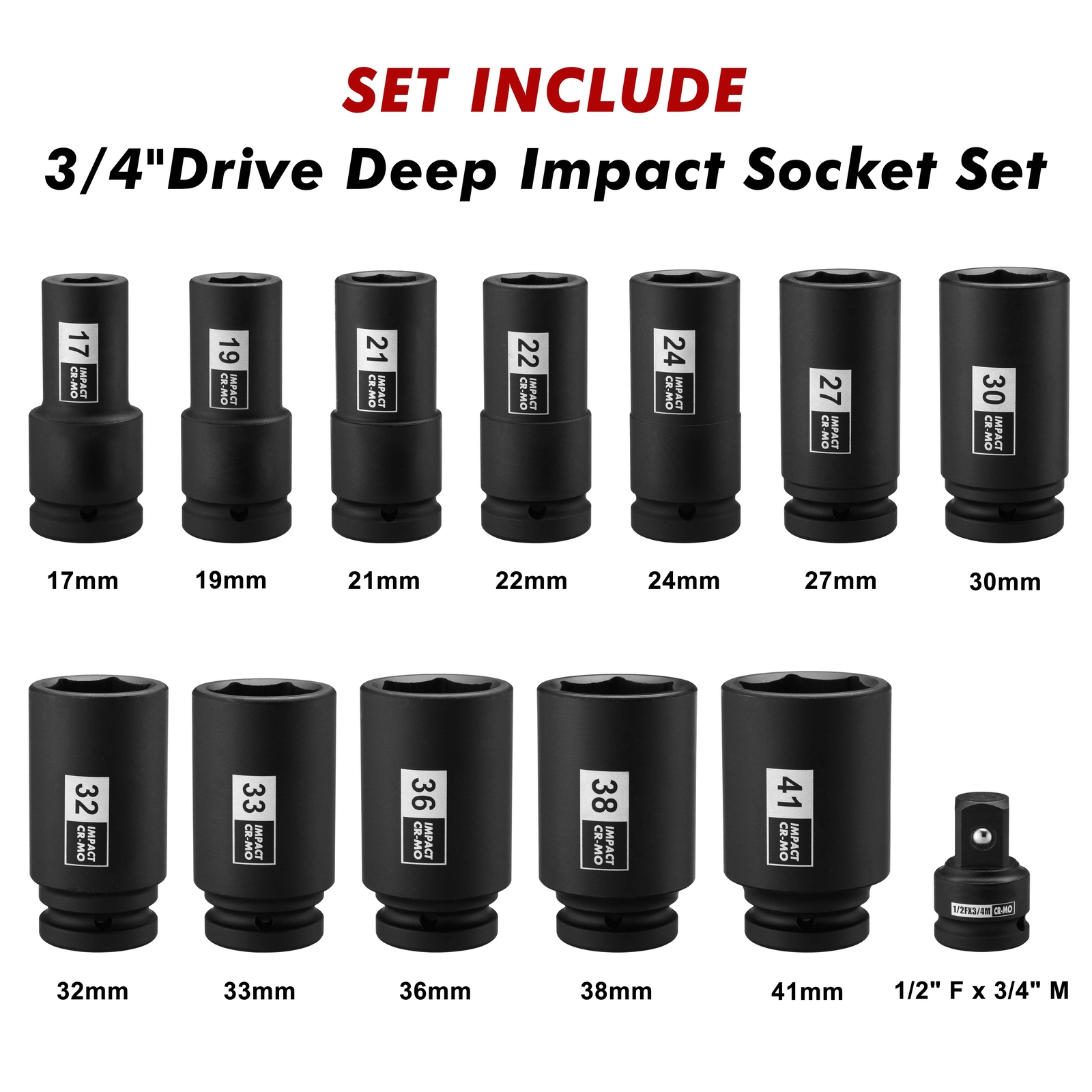 3/4" Drive Deep Impact Socket Set 13Pcs Jumbo Socket Metric(17mm to 41mm) 6Point