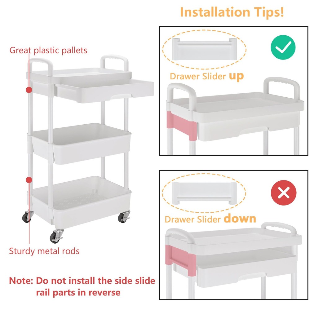 3-Tier Rolling Utility Cart with Drawer,Multifunctional Storage Organizer wit...
