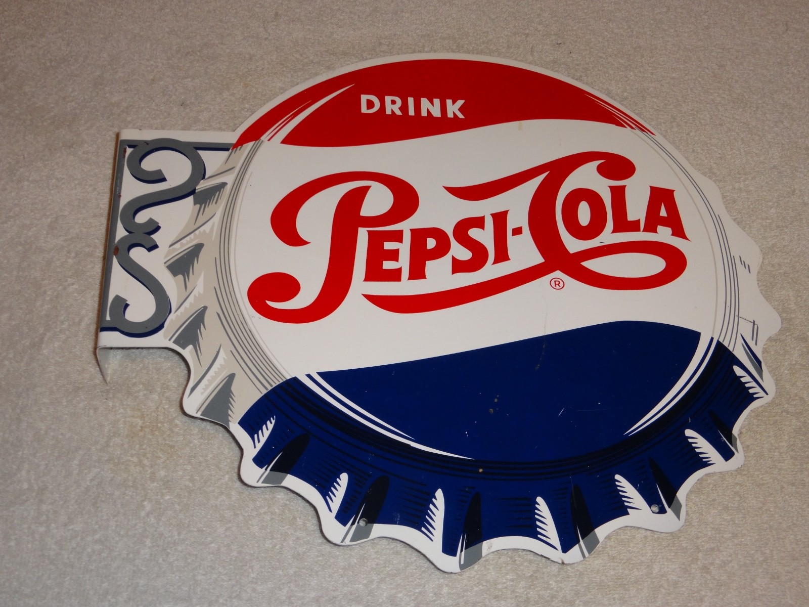 VINTAGE DRINK PEPSI COLA DIECUT 14" METAL SODA POP GASOLINE OIL FLANGE SIGN M173