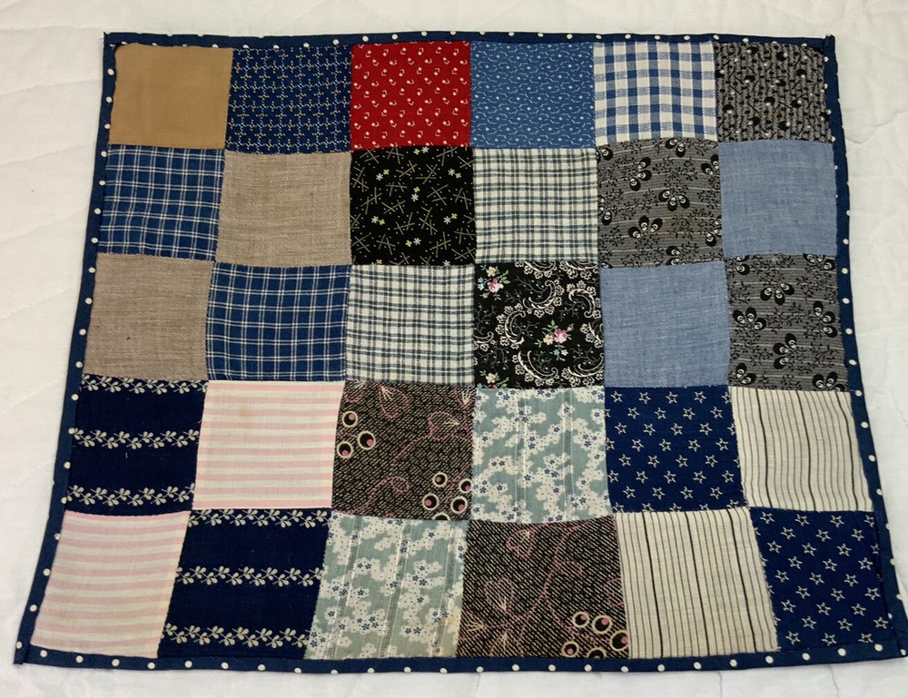 Vintage Patchwork Quilt Table Topper Or Doll Quilt, Four Patch, Early Calicos