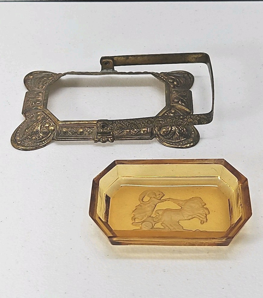 Antique Czech Amber Glass Salt Cellar Intaglio Design Ornate Brass Holder RARE