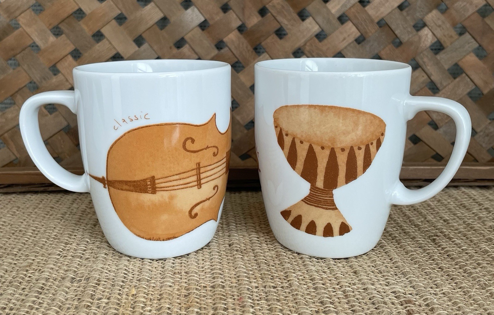 Ionia Porcelain Coffee Mugs Music Cafe Set Of 2 Violin & Bongo Drum EUC