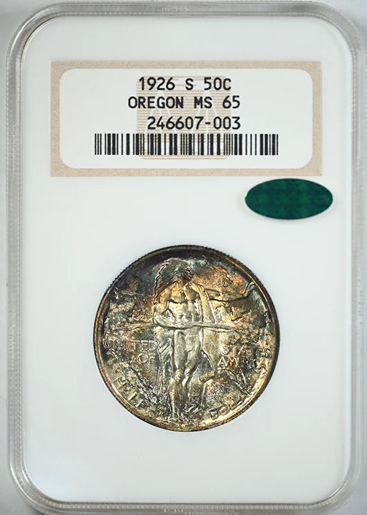 1926-S Oregon Trail Commemorative Half Dollar 50C NGC Fatty MS65 CAC - TONED!