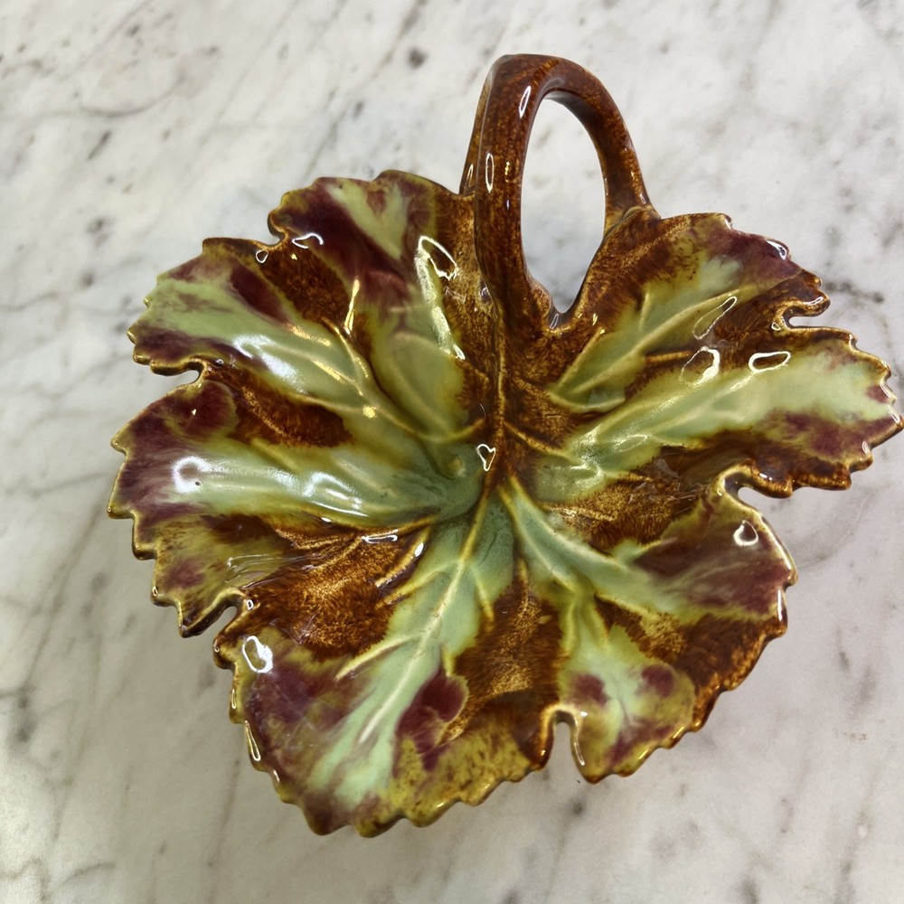 Vintage Maple Leaf Dish Green Brown Ceramic Double Loop Handle MCM
