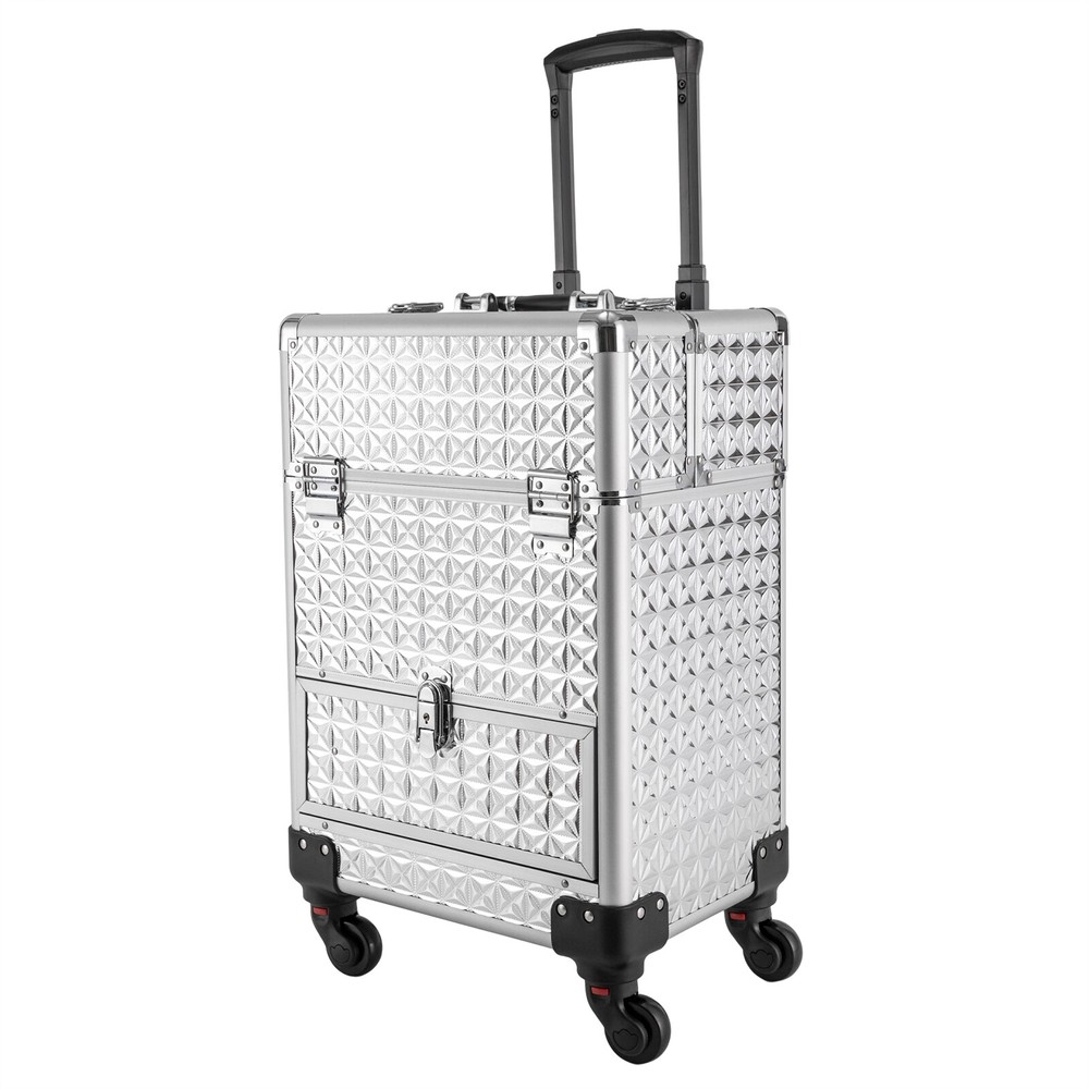 Large Capacity Rolling Nail Case Wheeled Manicure Silver Makeup Train Box New