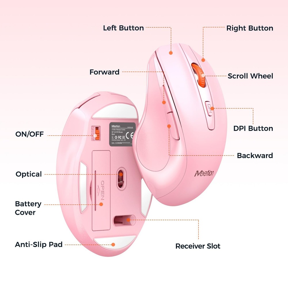 Wireless Keyboard with Wrist Rest Mouse Combo 2.4G Full-Sized Pink