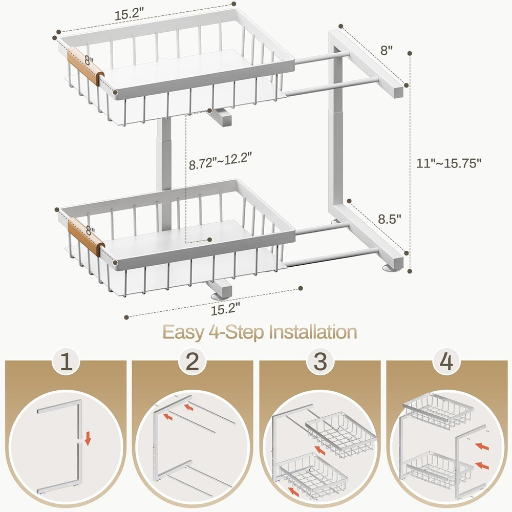 Space-Saving Under Sink Organizer with Adjustable Drawers for Kitchen & Bathroom