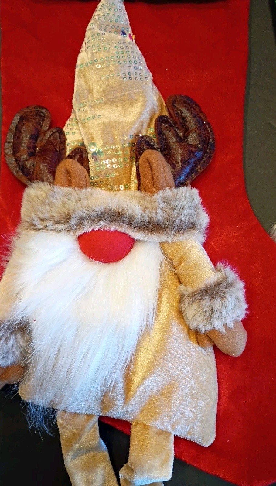 Gnomes Hanging Xmas Stockings Set Of 2 Red & Green Santa & reindeer 18 in 3D