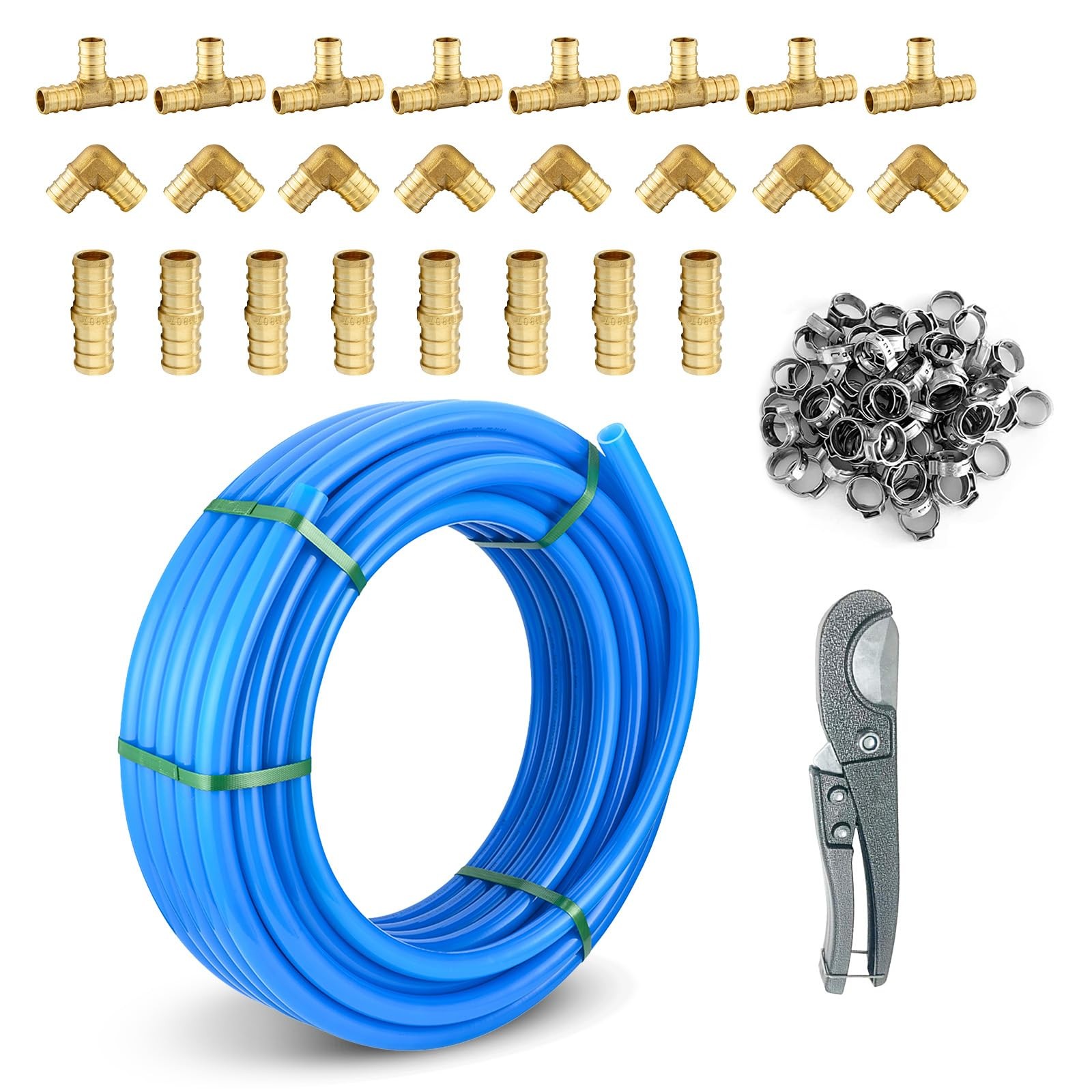 3/4 Inch Blue PEX-B Pipe, 100 Ft Pex B Tubing with a Pipe Cutter, 24PCS Brass