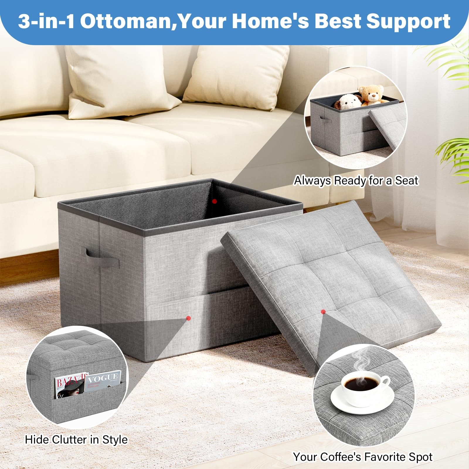 Storage Ottoman Foot Rest Stool, Foldable Foot Rest Stool with Thicker Foam Padd