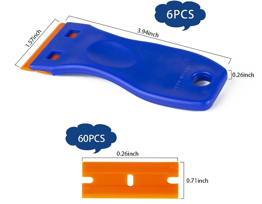Plastic Razor Blade Scraper Set Label Removal - 6 Scrapers 60 Replacement Blades