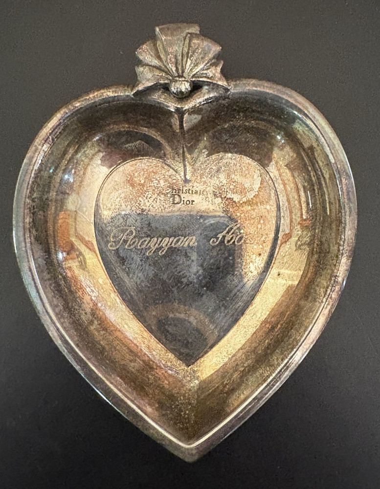 Christian Dior Silver Plate Heart w/ Bow Pin Trinket Ring Dish - Monogrammed