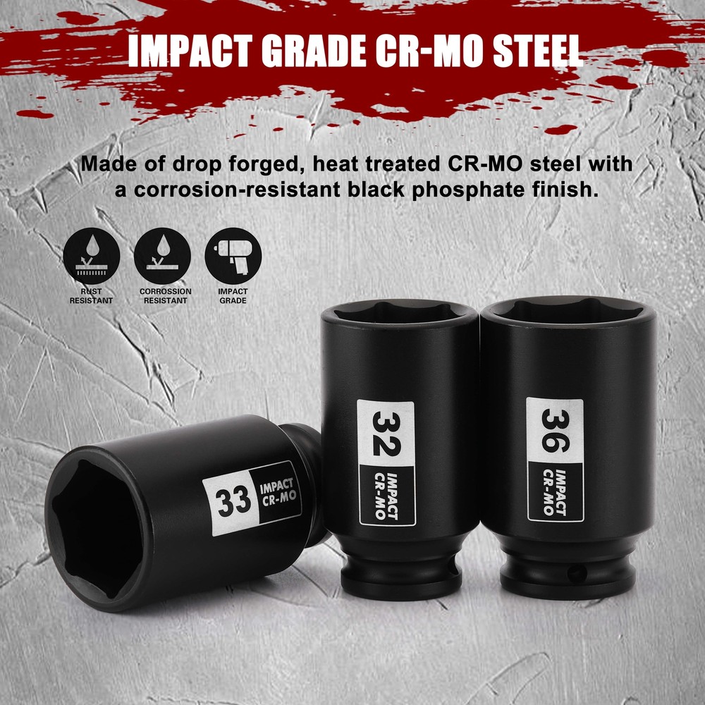 1/2" Drive Deep Spindle Axle Nut Impact Socket Set 6 Point CR-MO Metric