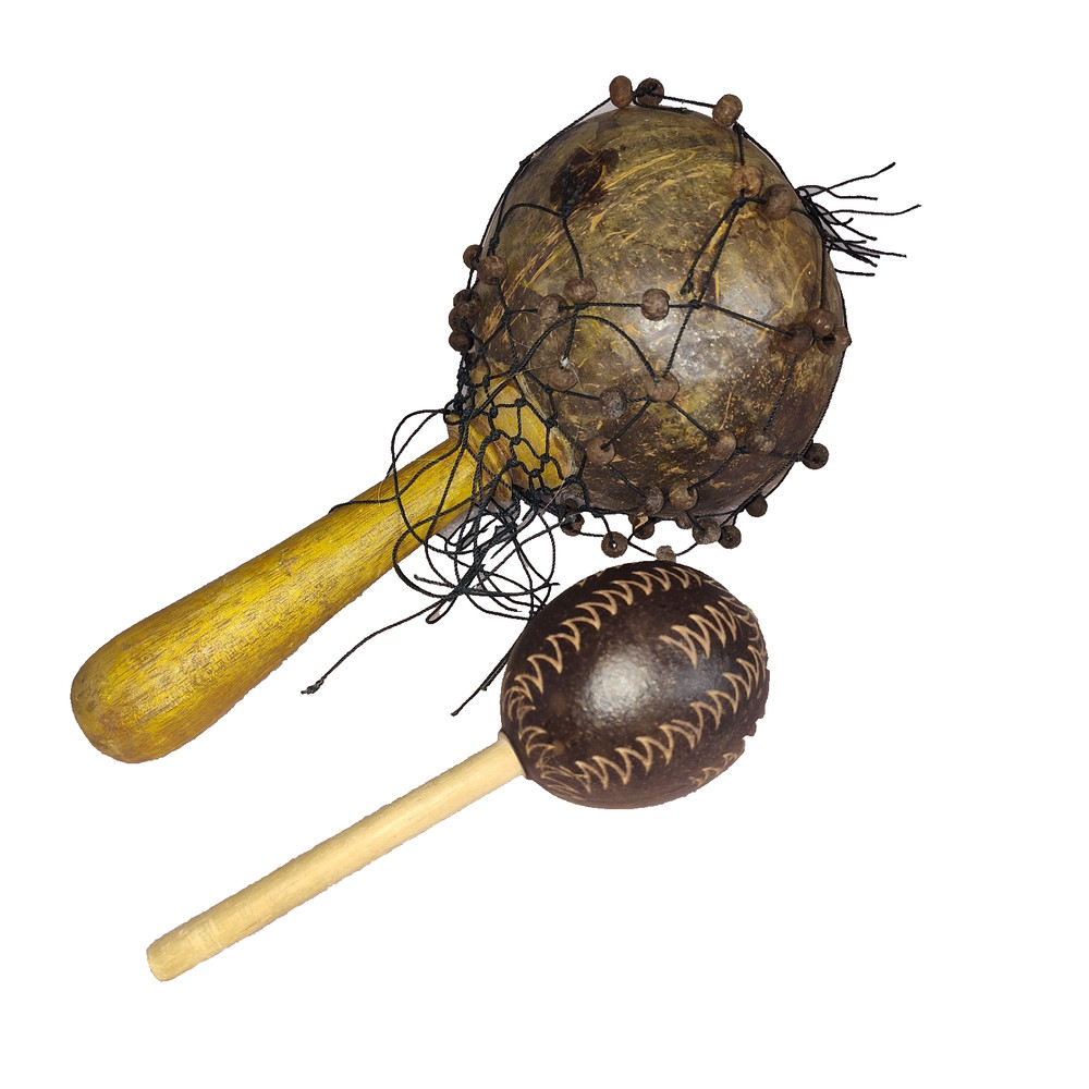 Coconut Seed  Beaded & Net Maracas Handcrafted Percussion Instruments Folk Art