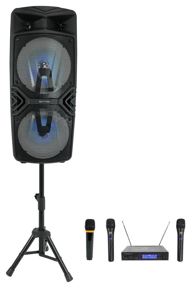 Technical Pro Dual 8" Rechargeable Karaoke Machine System+Stand+3) Wireless Mics