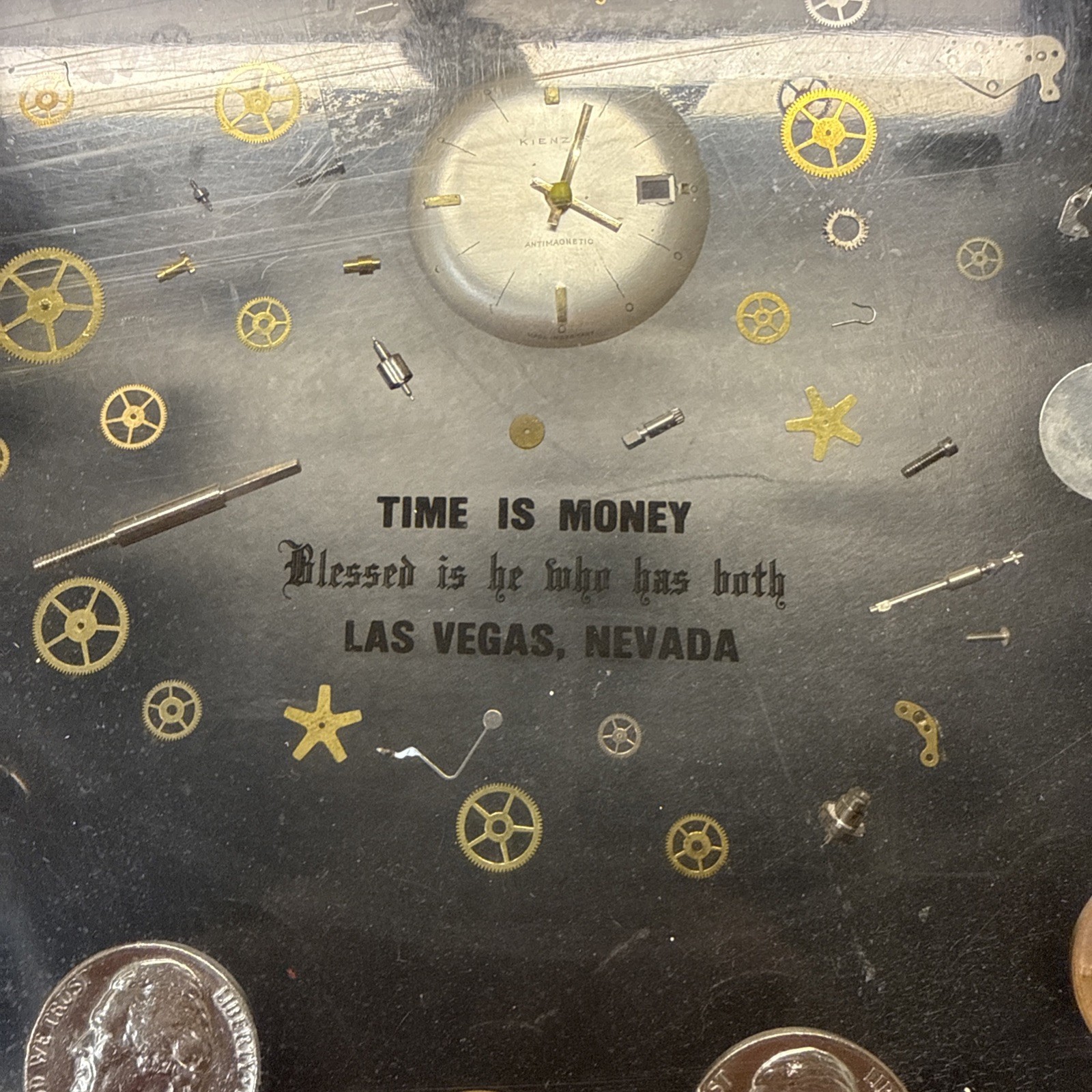 Lucite Las Vegas Toilet Seat Watch Gears U.S. Coins 1965-1981 Time Is Money