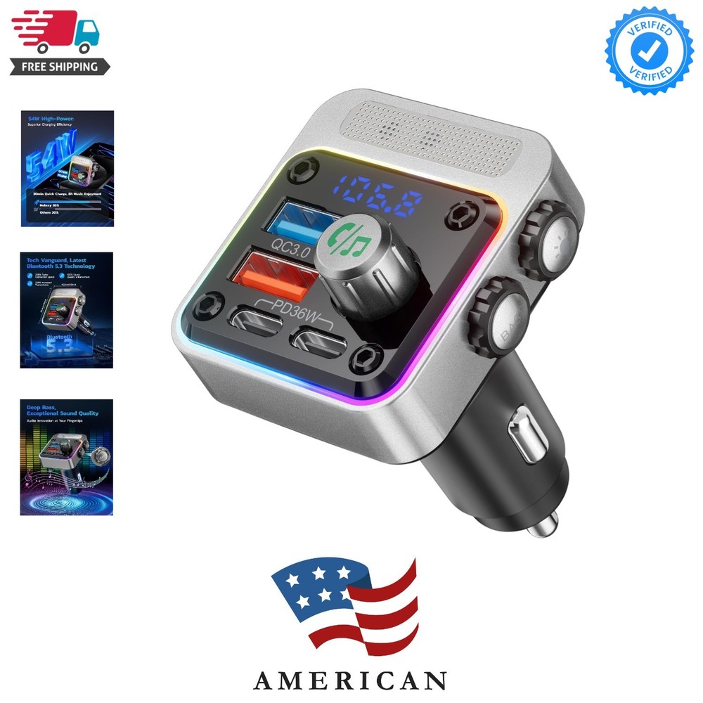 54W Bluetooth 5.3 Car Adapter with 4 Charging Ports [PD 36W & QC3.0 18W], Wir...