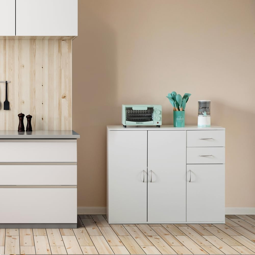 33-Inch White Sideboard Buffet Cabinet with Storage, Spacious Table Top, Large D