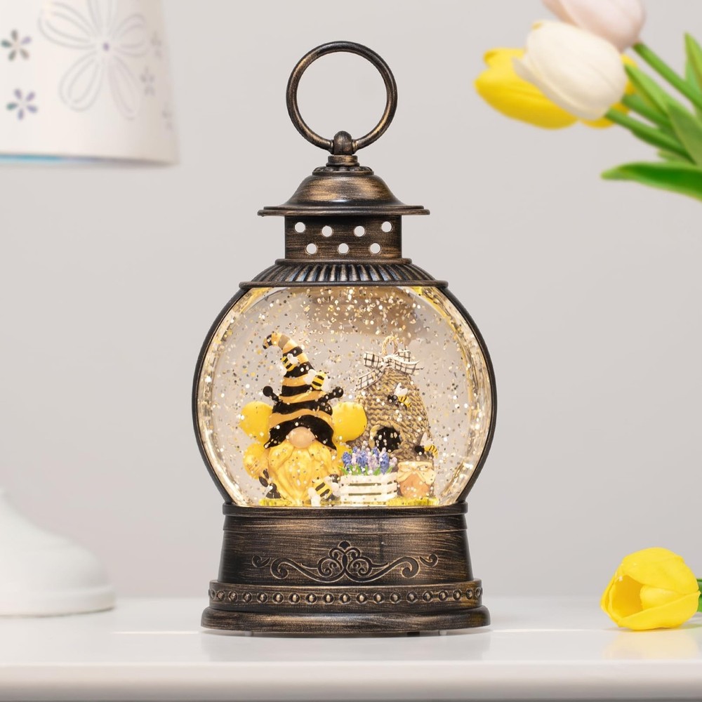 Bee Hive Decor Spring Bee Gnome Light Up Snow Globe 6H Timer Honey Bee Decora...