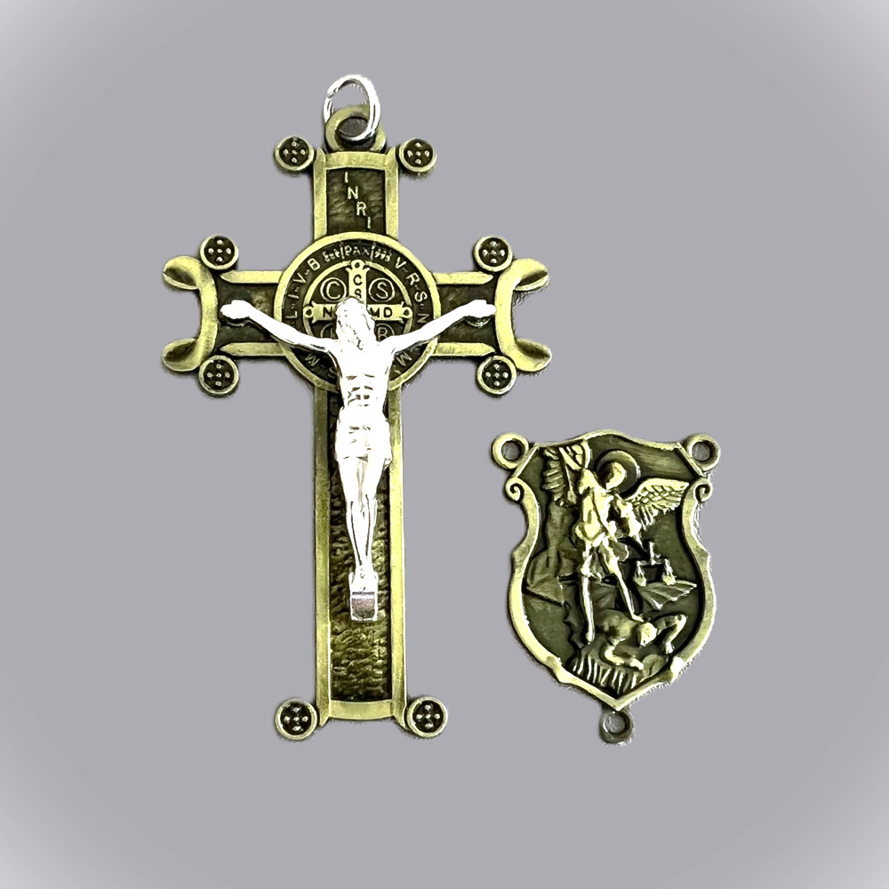 2.5" LARGE Saint BENEDICT Rosary Crucifix & Saint Michael Centerpiece 2pc BRONZE