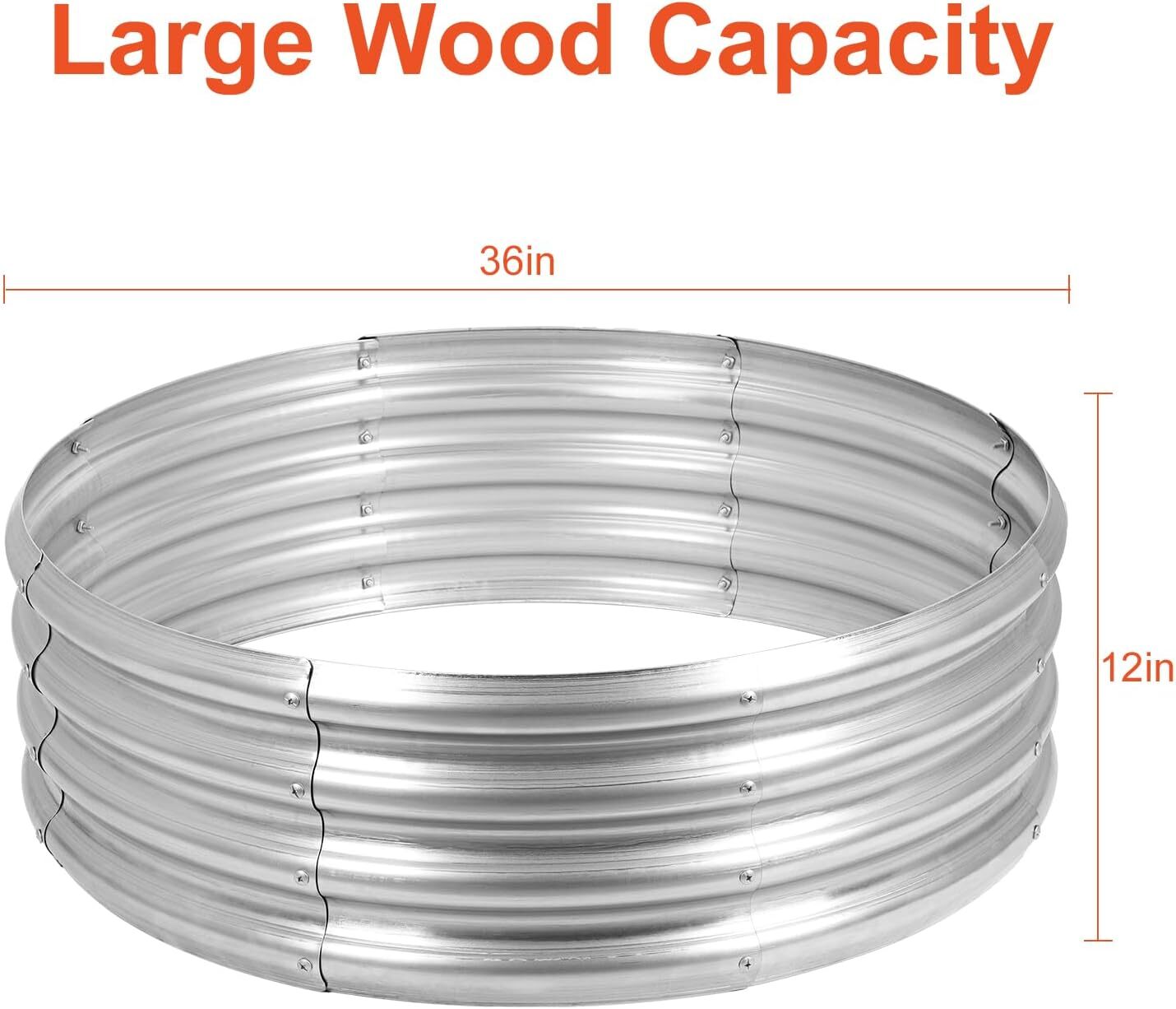 36" Silver Round Galvanized Steel Fire Ring Pit for Backyard, Camping, Bonfire