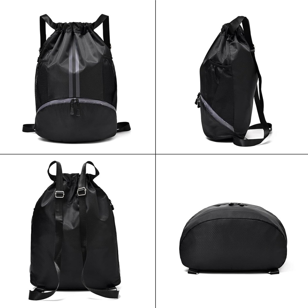 Black Drawstring Gym Bag, Waterproof Backpack with Shoes Compartment
