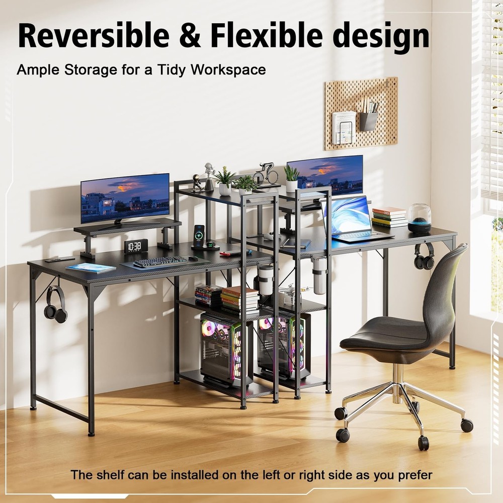 55 Inch Gaming Desk with LED Light, Computer Desk with Reversible Storage She...