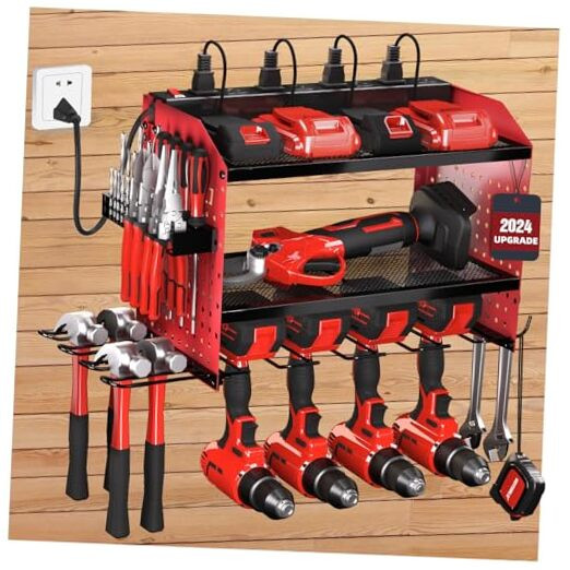 Power Tool Organizer with Charging Station, 4 Drill 3 Layer Red W/Outlets