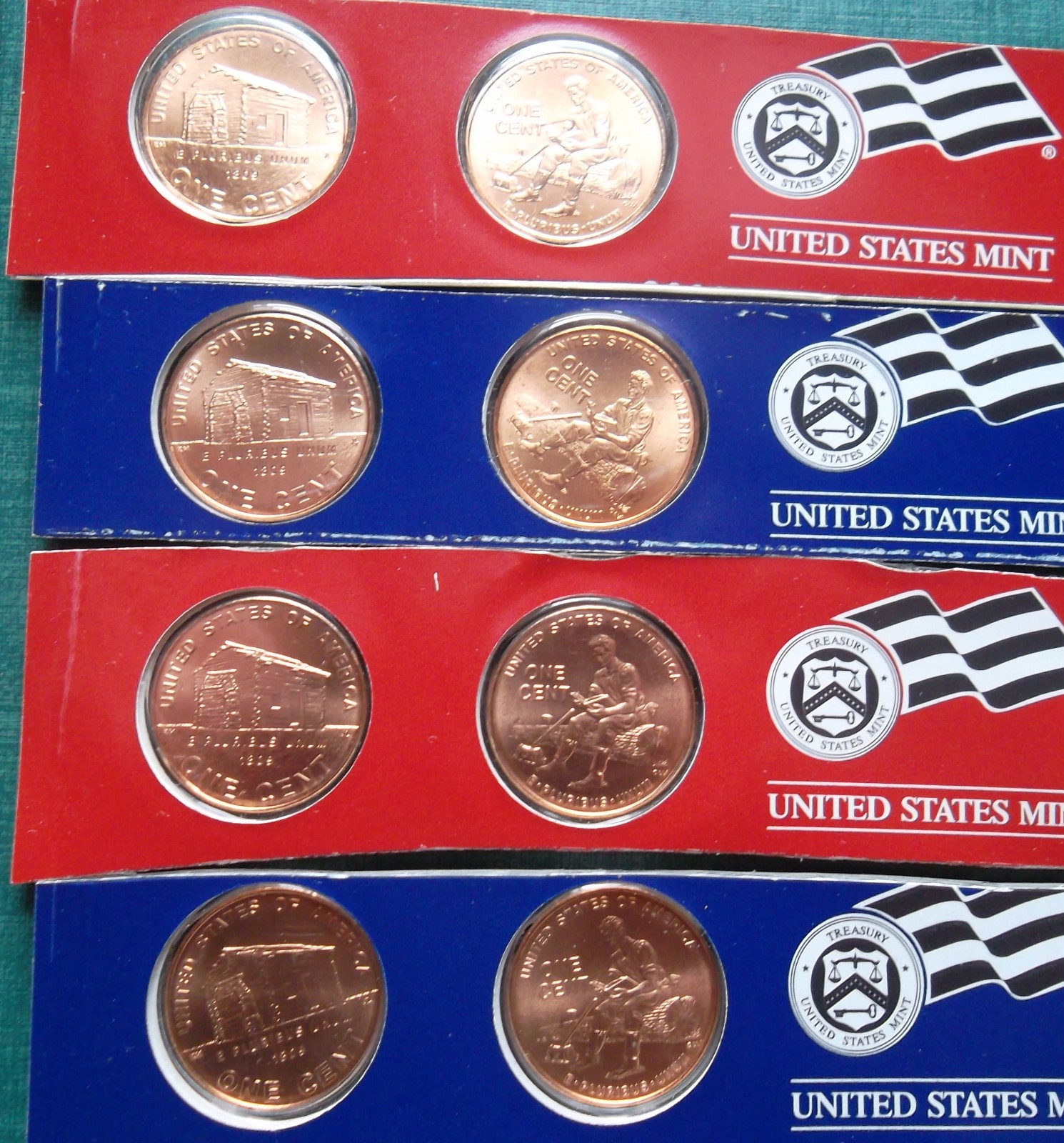 2009-P&D satin finish Uncirculated Lincoln cents: 8-coin set in two Mint strips