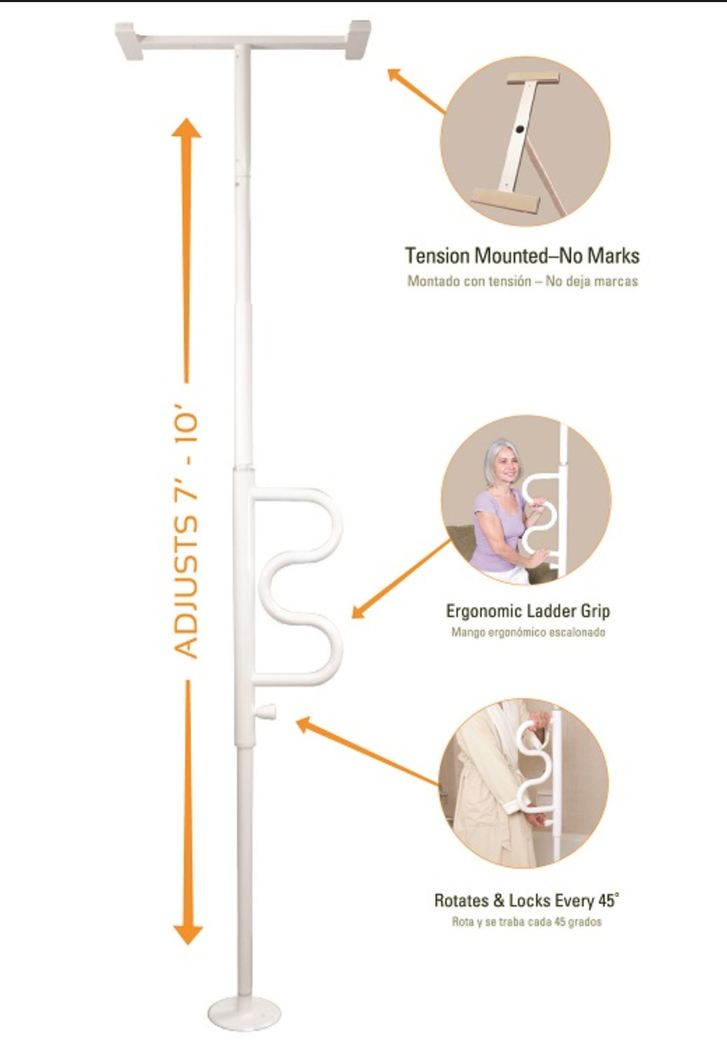 Adjustable Bed Assist Rail Support Security Pole Floor-to-Ceiling Grab Bar