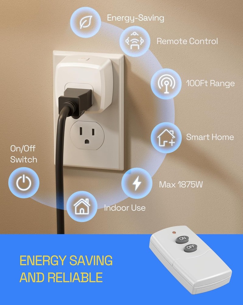1 Pack Remote Control Outlet Plug for Christmas Lights and Appliances, 15A