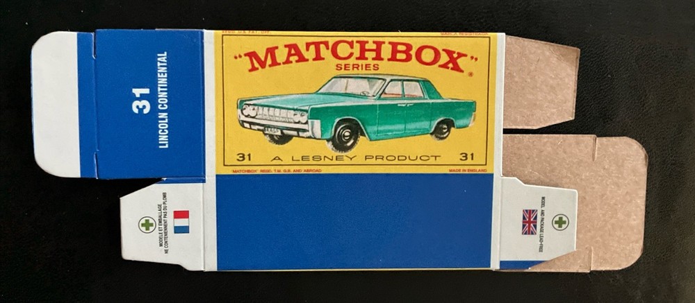 Matchbox #31 Lincoln Continental Turquoise’64-‘69 Type E Repro Box