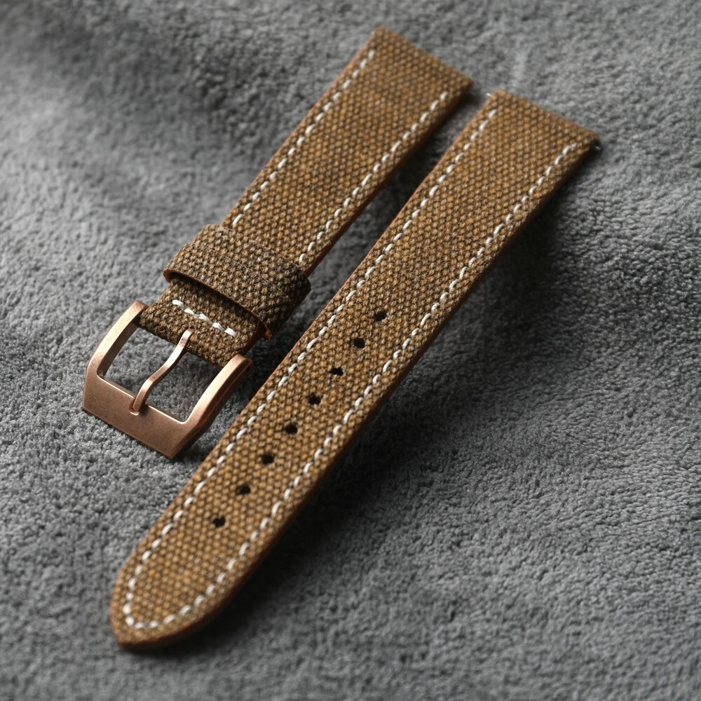 Handmade Canvas Laminated Leather Watch Strap Bronze Clasp Watchband Bracelet