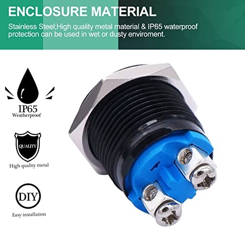 /16mm Waterproof Metal Shell Momentary Raised Top Push Button Switch Black