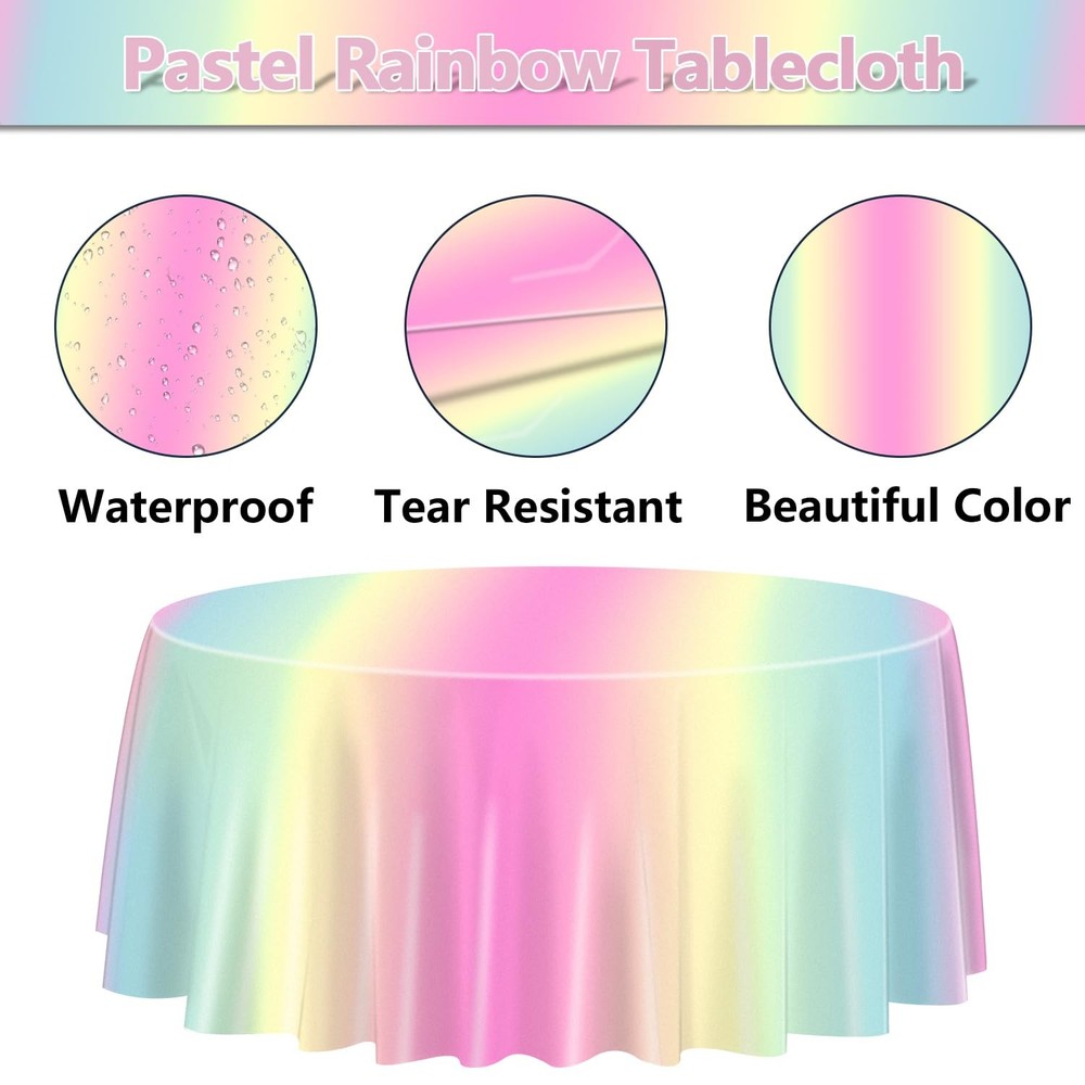 3 Pack Pastel Rainbow Tablecloths for Round Table, 84x84'' Pastel Plastic Rou...