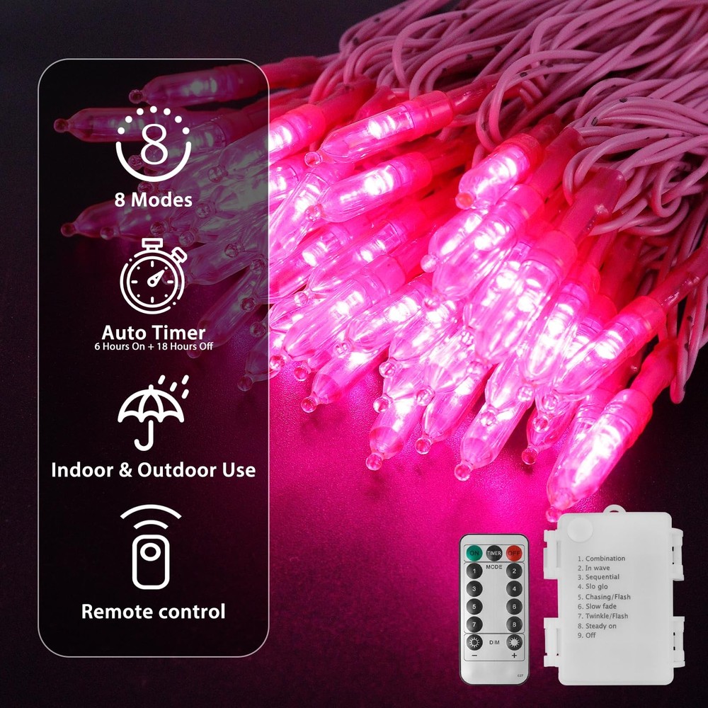 Pink Lights Battery Operated String Lights 33Ft 100 LED with Auto Timer & 8