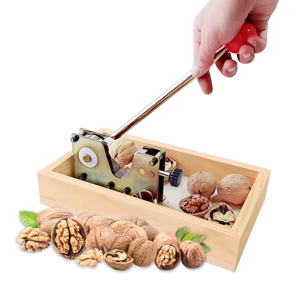 Heavy Duty Walnut Cracker Tool, Macadamia Nut Cracker with Wooden Base and Ad...