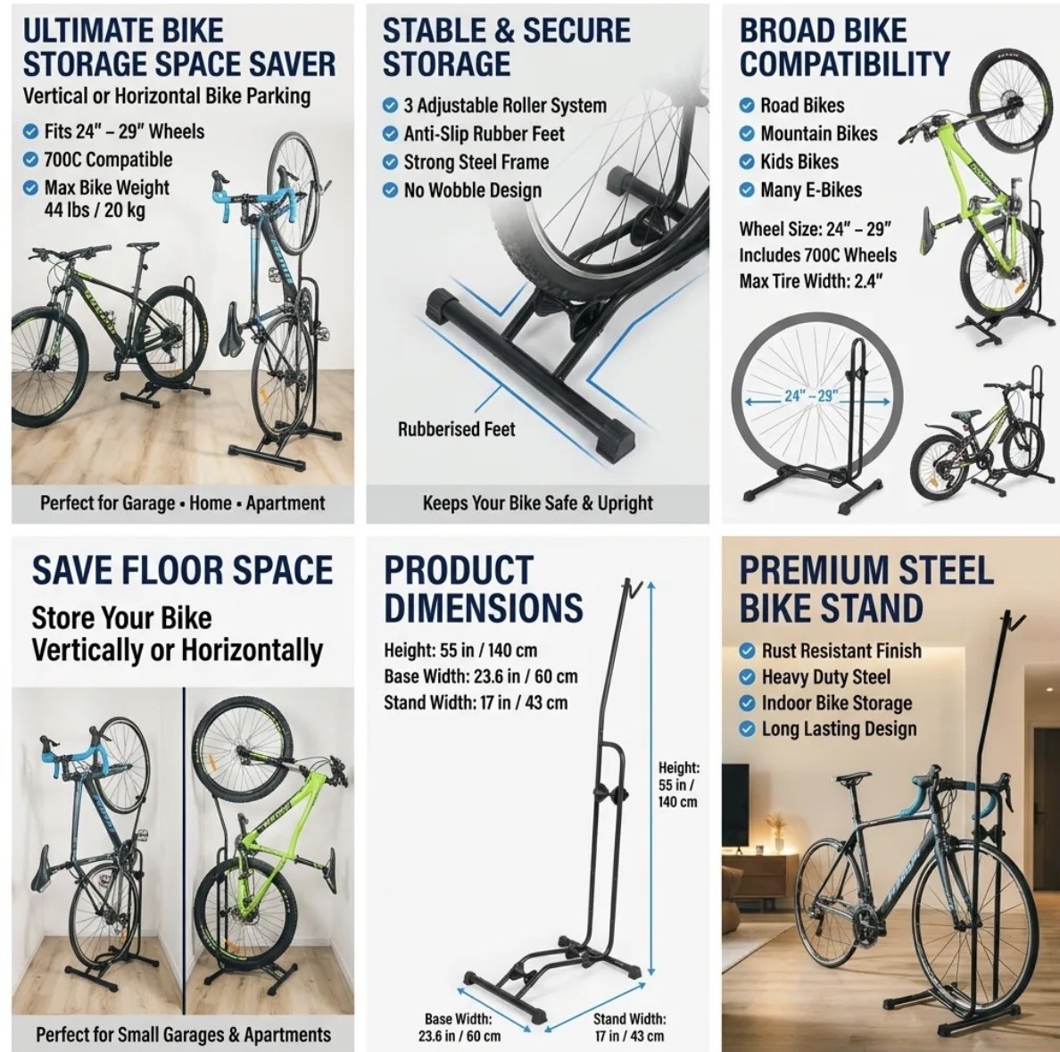 CyclingDeal Steel Bike Stand Vertical & Horizontal Storage 24"-29" Wheels 44 lbs